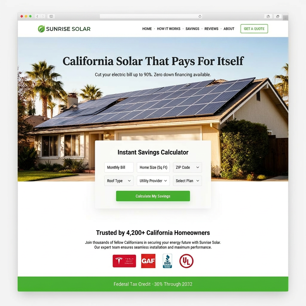 Residential solar provider — website built by SoCal Booking